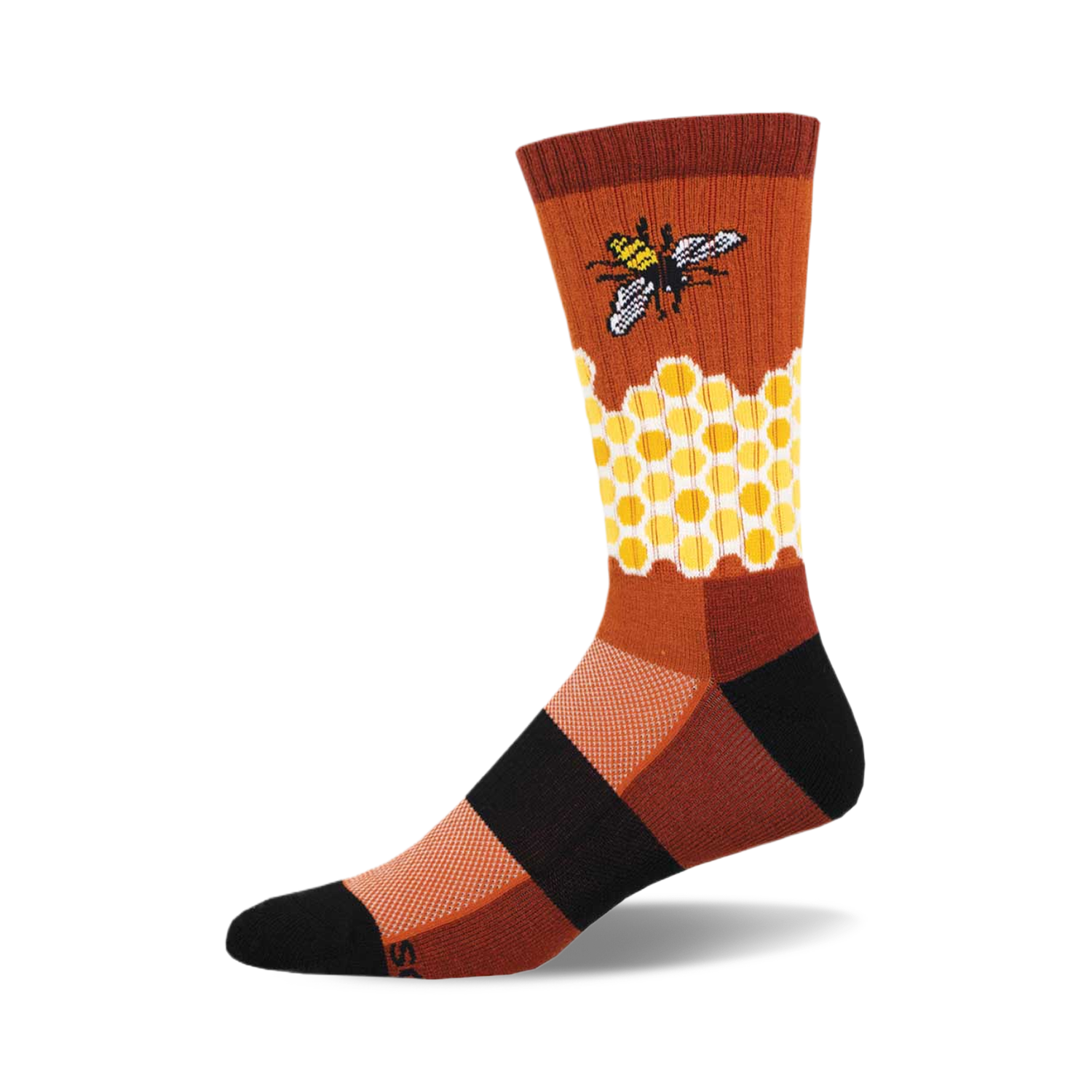 Brown and gold crew socks with a honeycomb pattern and a bee illustration.  Cozy and stylish!