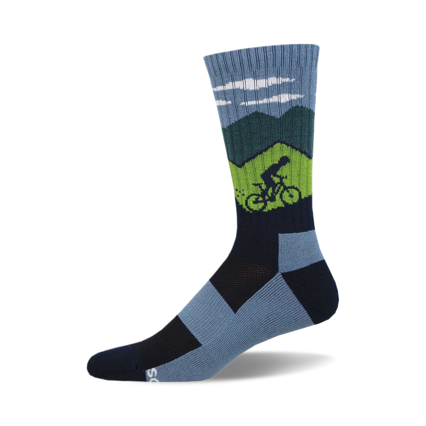 Crew socks in blue, green, and navy featuring a mountain scene and a cyclist biking uphill. 