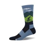 Crew socks in blue, green, and navy featuring a mountain scene and a cyclist biking uphill. 