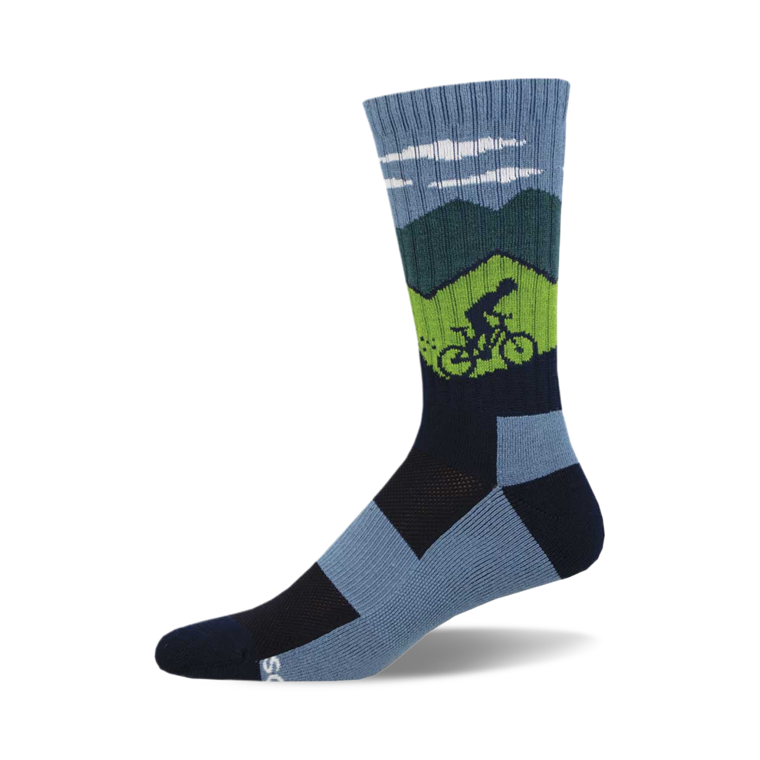 Crew socks in blue, green, and navy featuring a mountain scene and a cyclist biking uphill. 