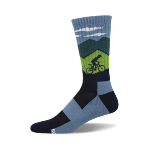 Crew socks in blue, green, and navy featuring a mountain scene and a cyclist biking uphill. 