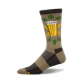 Tan and brown crew socks with a graphic of a beer glass surrounded by hops. 