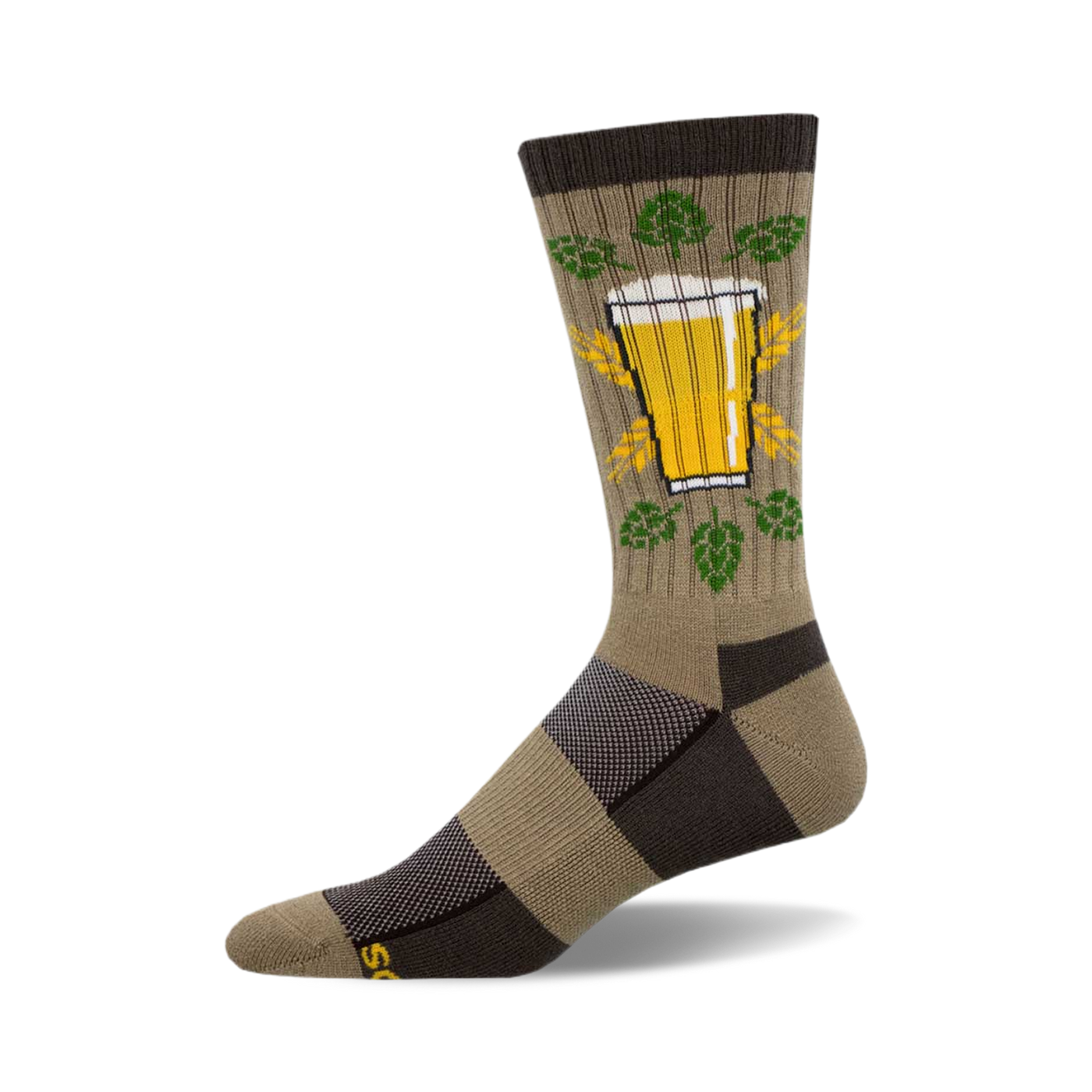 Tan and brown crew socks with a graphic of a beer glass surrounded by hops. 