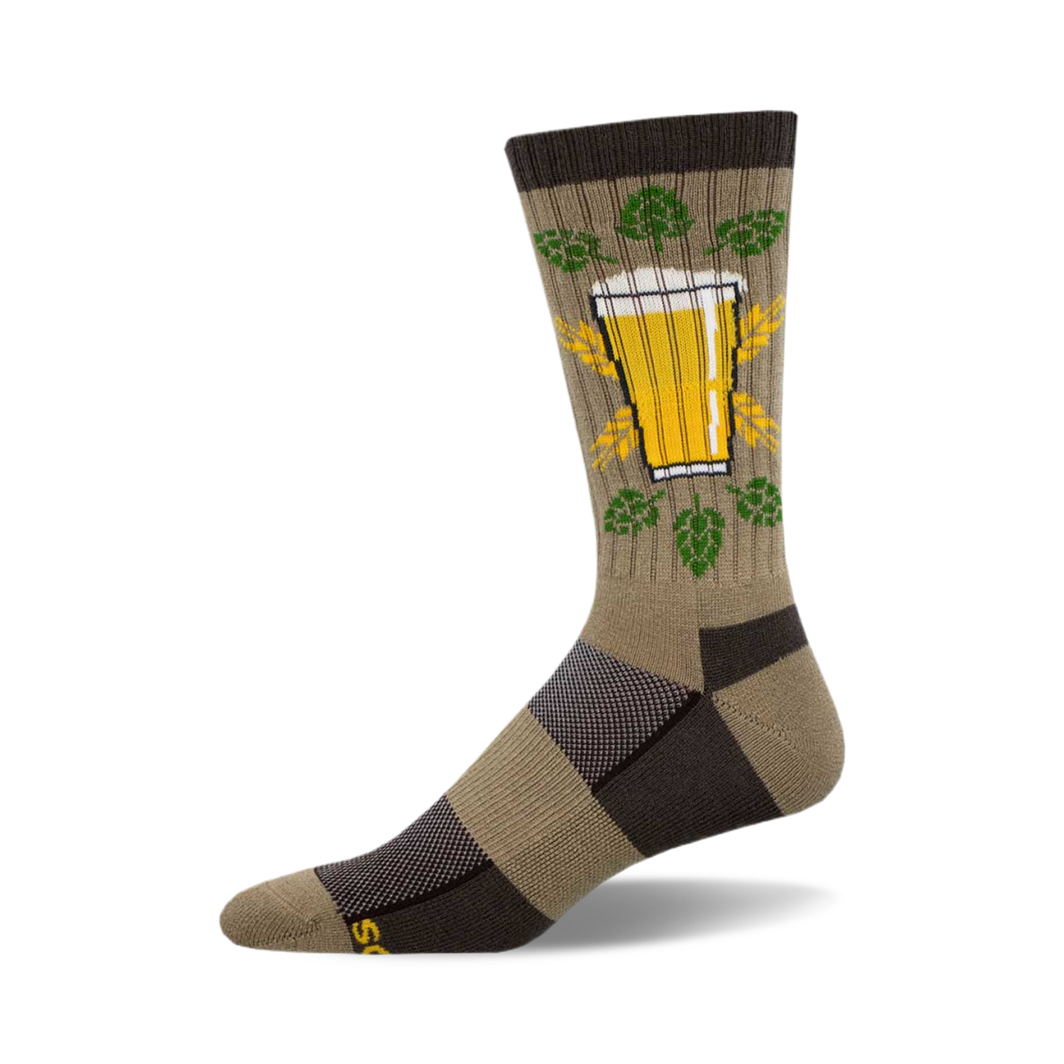 Tan and brown crew socks with a graphic of a beer glass surrounded by hops. 