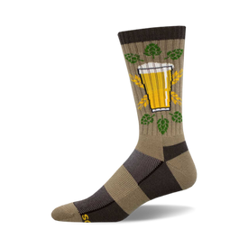 the home brew socks are brown with an image of a beer mug with a head of foam. the mug is surrounded by green hop plants.