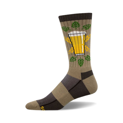 the home brew socks are brown with an image of a beer mug with a head of foam. the mug is surrounded by green hop plants.