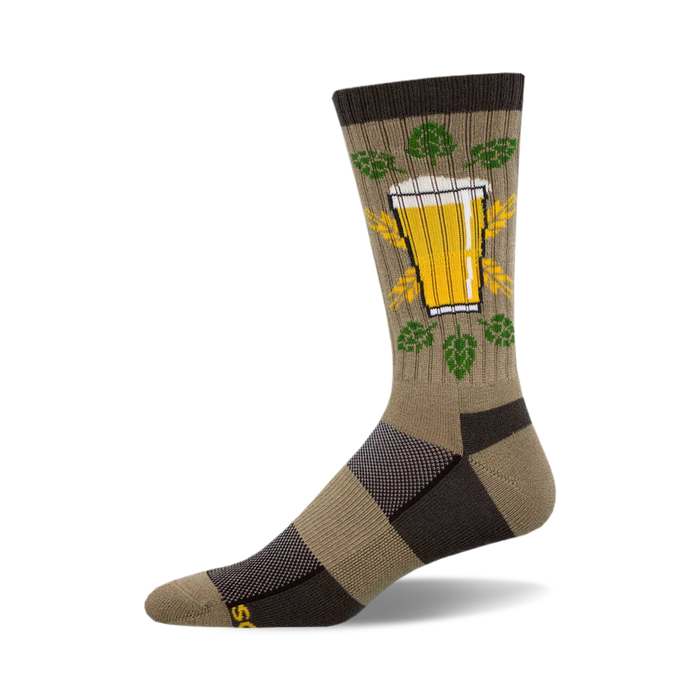 the home brew socks are brown with an image of a beer mug with a head of foam. the mug is surrounded by green hop plants. }}