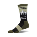 Crew socks in olive green, black, and beige.  The socks feature a graphic of mountains and trees, along with the text 'Get Lost In Nature and You Will Die'.