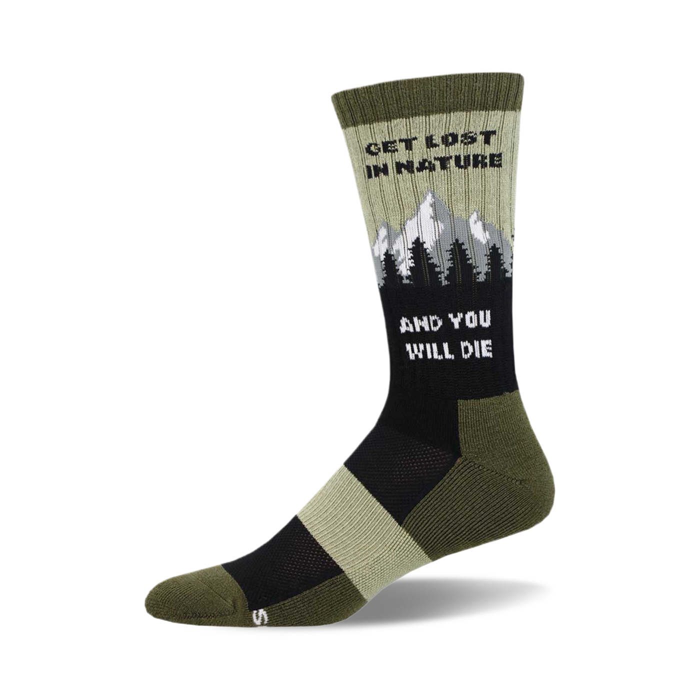 Crew socks in olive green, black, and beige.  The socks feature a graphic of mountains and trees, along with the text 'Get Lost In Nature and You Will Die'.