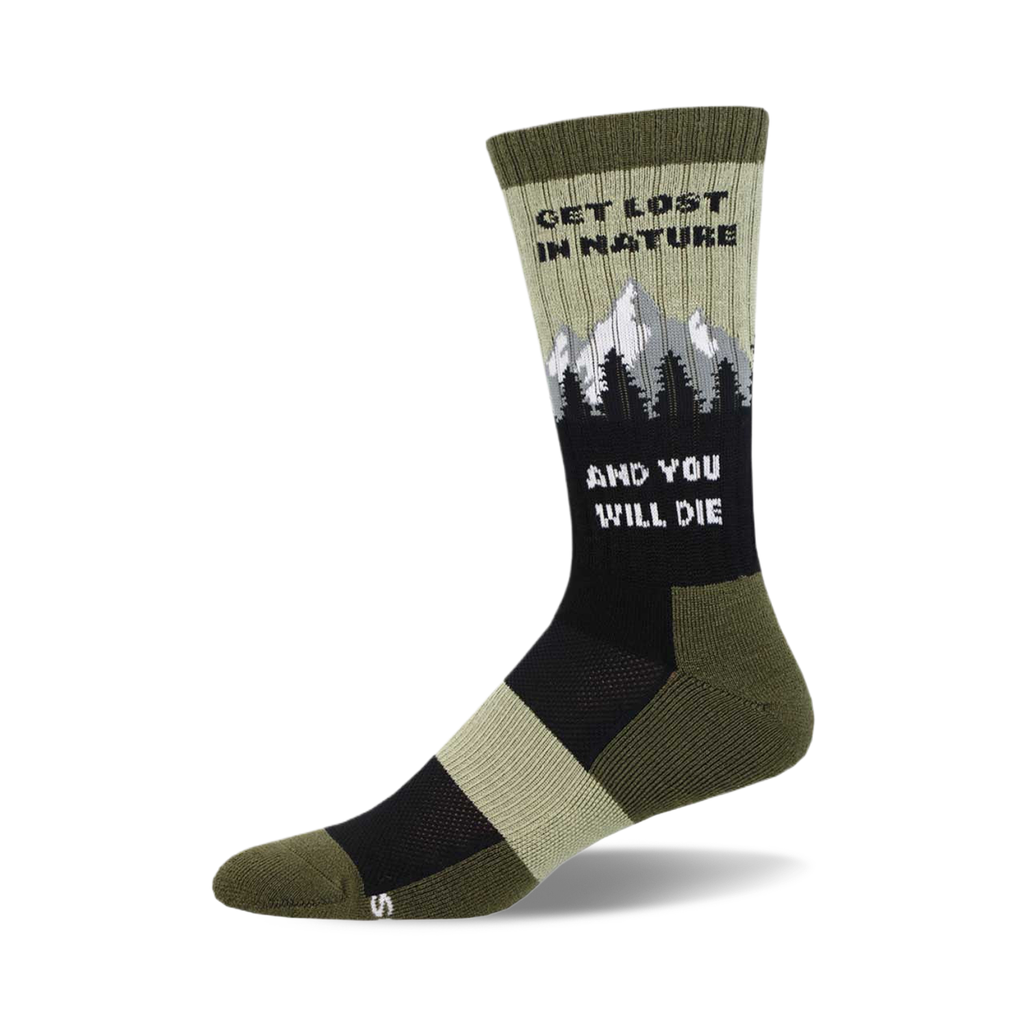 Crew socks in olive green, black, and beige.  The socks feature a graphic of mountains and trees, along with the text 'Get Lost In Nature and You Will Die'.