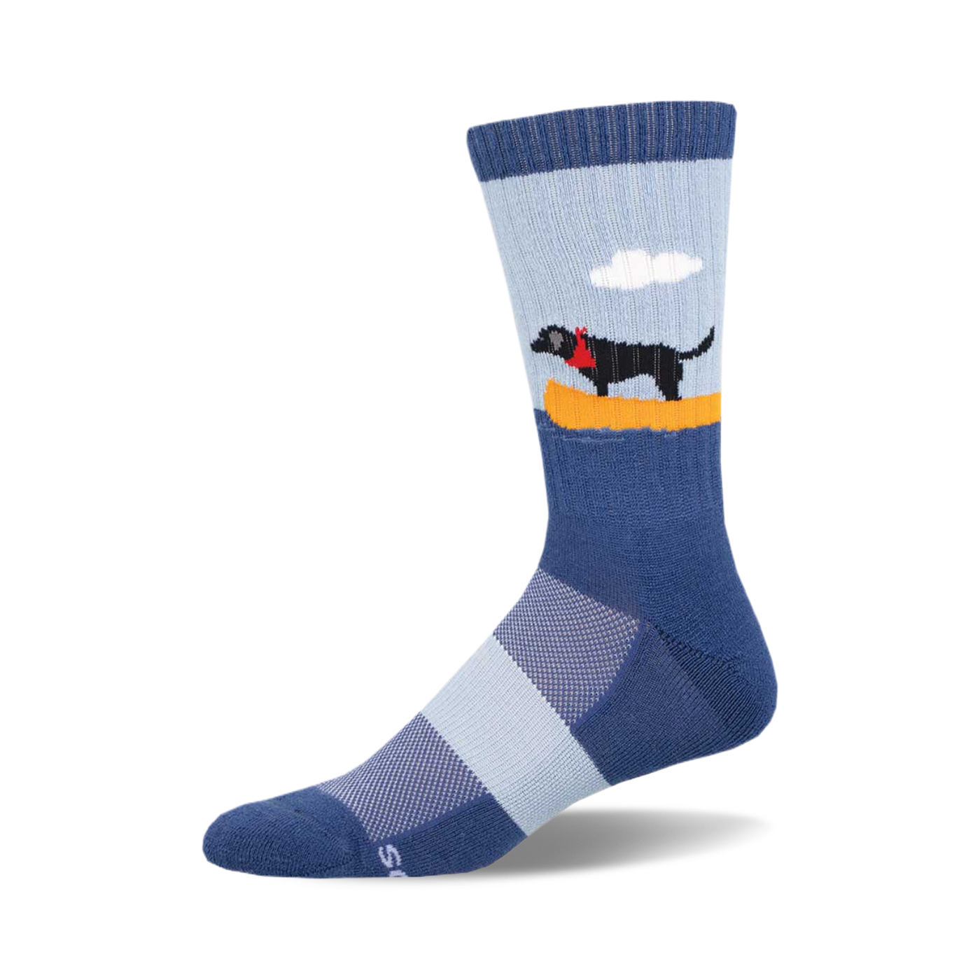 Crew socks in blue and light blue featuring a black labrador in a yellow canoe against a light blue sky background.