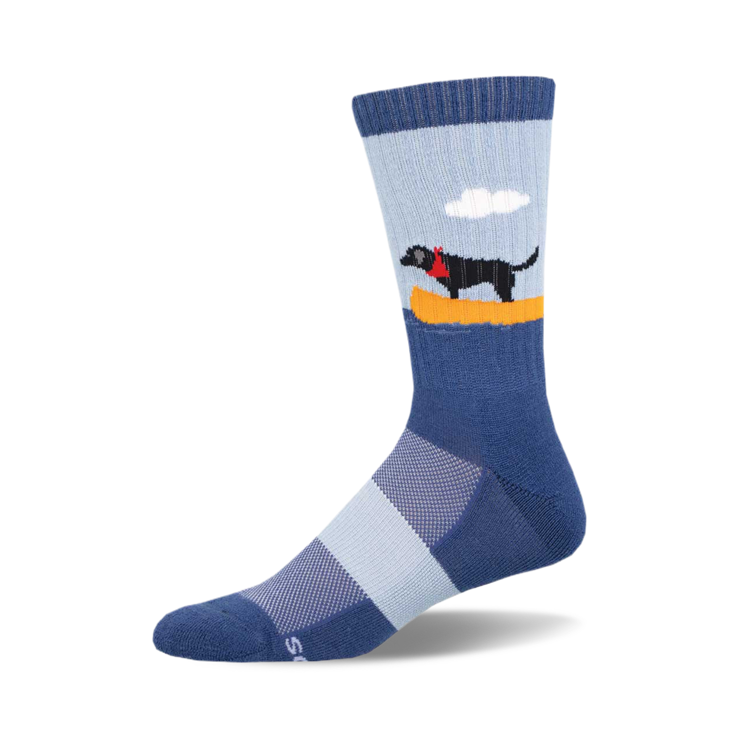 Crew socks in blue and light blue featuring a black labrador in a yellow canoe against a light blue sky background.