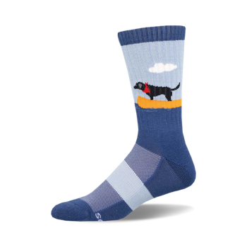 socks that are blue with a pattern of black dogs wearing red bandanas. the dogs are sitting in yellow canoes and there are white clouds in the background.
