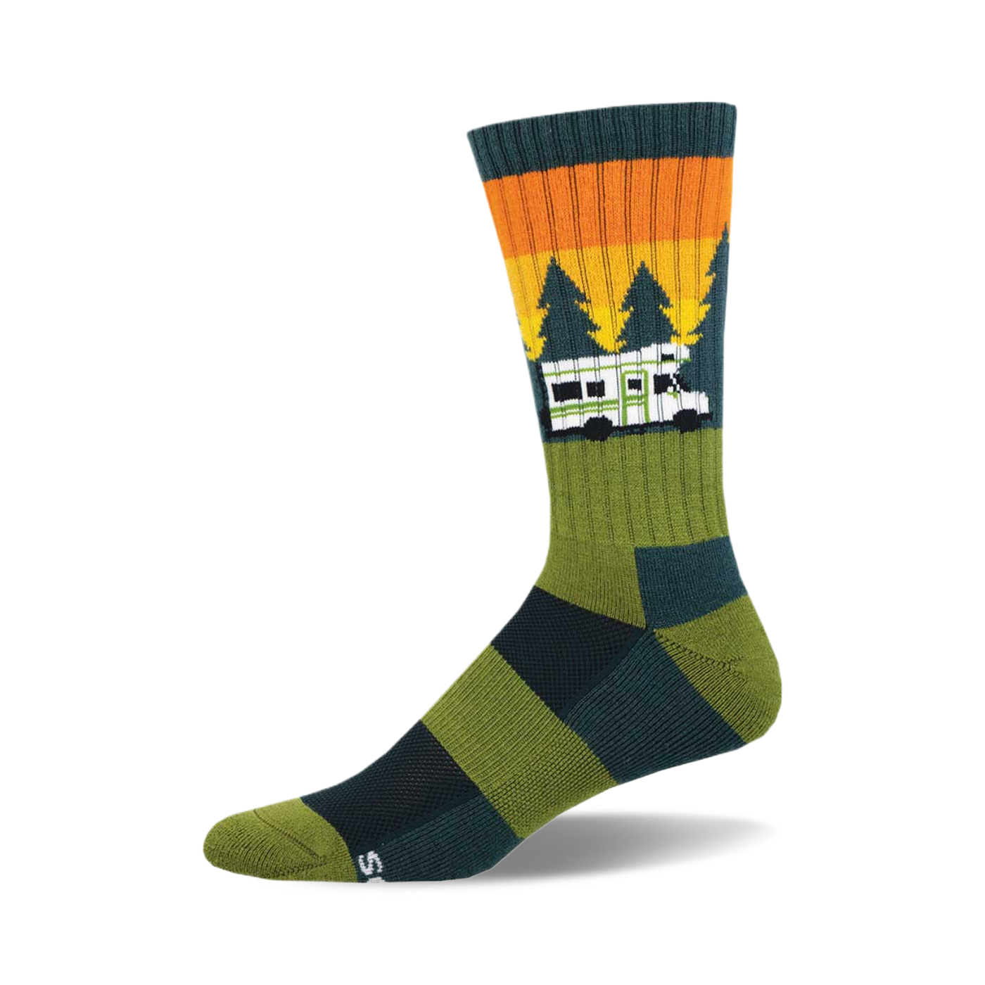 Crew socks in olive green, teal, and orange. Features a retro camper van graphic driving through a forest at sunset.