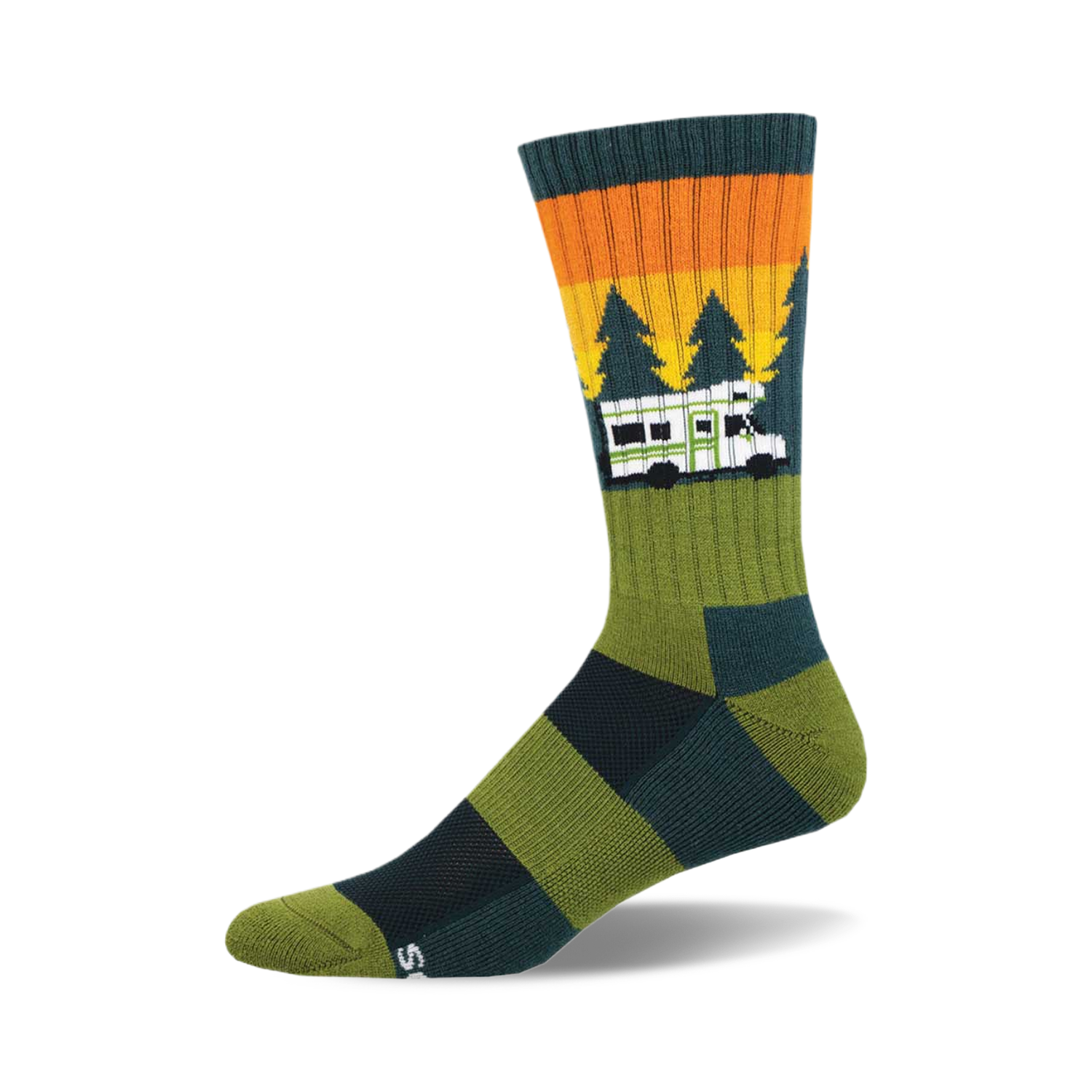 Crew socks in olive green, teal, and orange. Features a retro camper van graphic driving through a forest at sunset.