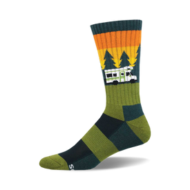 socks that are dark green with a pattern of white rvs and orange and yellow pine trees. the top of the sock is orange with two thin yellow stripes. the bottom of the sock is black with two thin yellow stripes.
