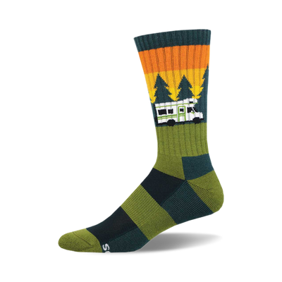 socks that are dark green with a pattern of white rvs and orange and yellow pine trees. the top of the sock is orange with two thin yellow stripes. the bottom of the sock is black with two thin yellow stripes.