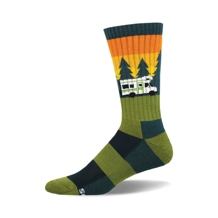 socks that are dark green with a pattern of white rvs and orange and yellow pine trees. the top of the sock is orange with two thin yellow stripes. the bottom of the sock is black with two thin yellow stripes. }}