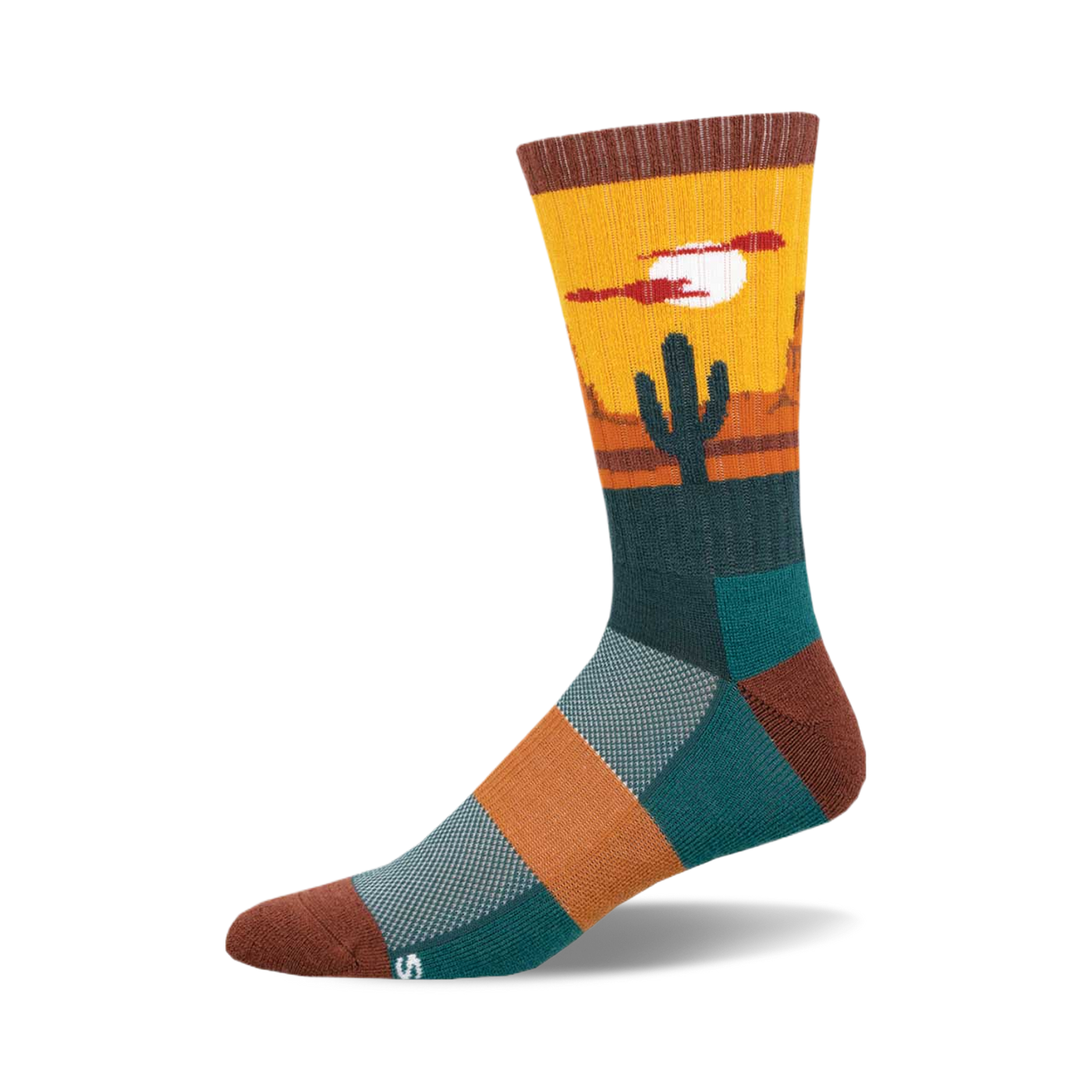 Crew socks in teal, orange, and brown, showcasing a desert sunset, cactus, and bird design.
