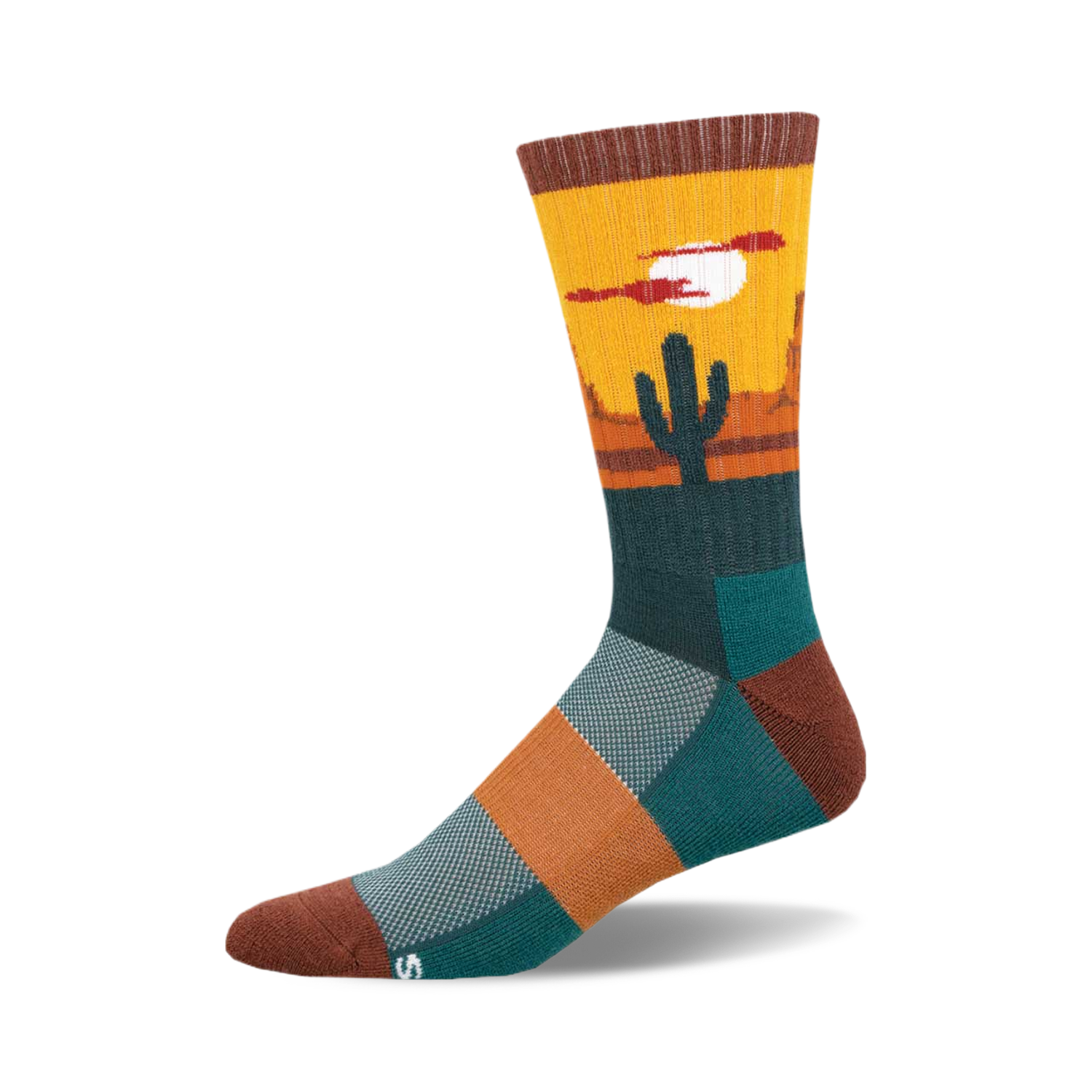Crew socks in teal, orange, and brown, showcasing a desert sunset, cactus, and bird design.