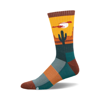 Crew socks in teal, orange, and brown, showcasing a desert sunset, cactus, and bird design.