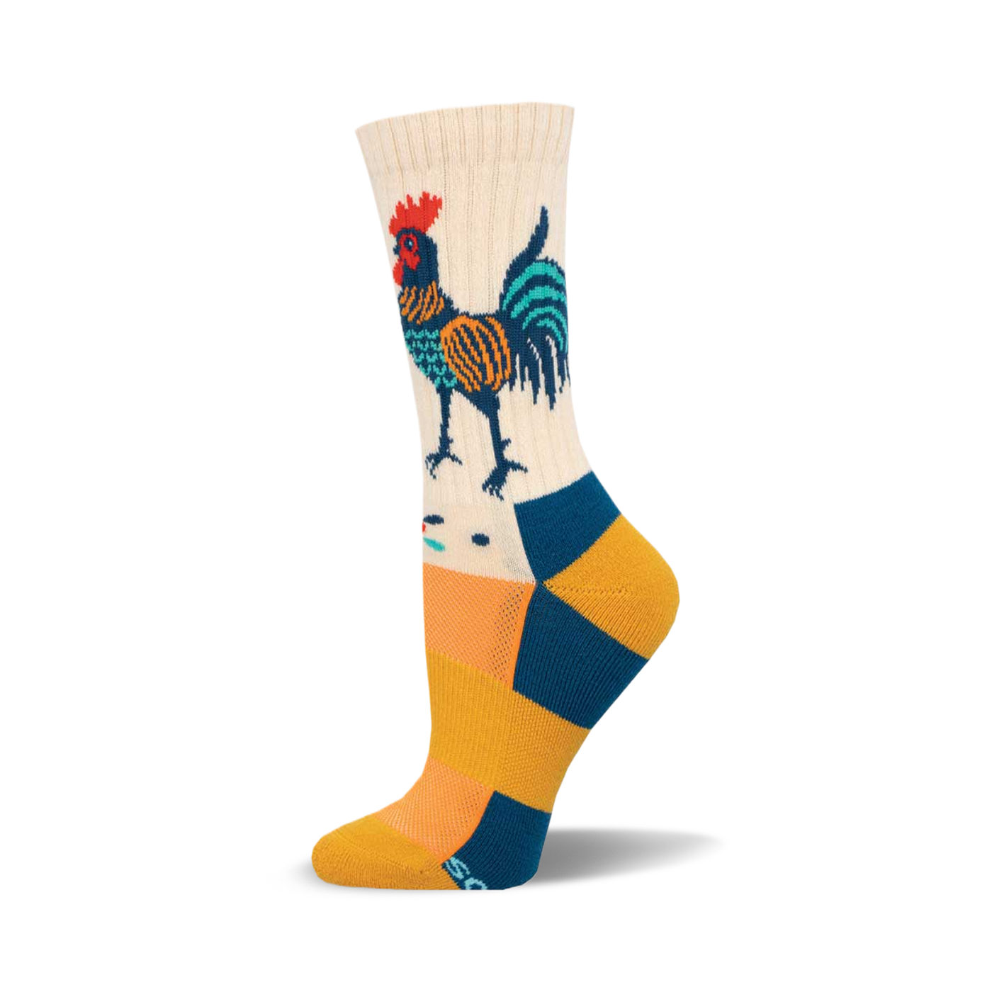 Cream crew socks with a folk art-style rooster in teal, orange, and navy.  The foot features teal and gold stripes.