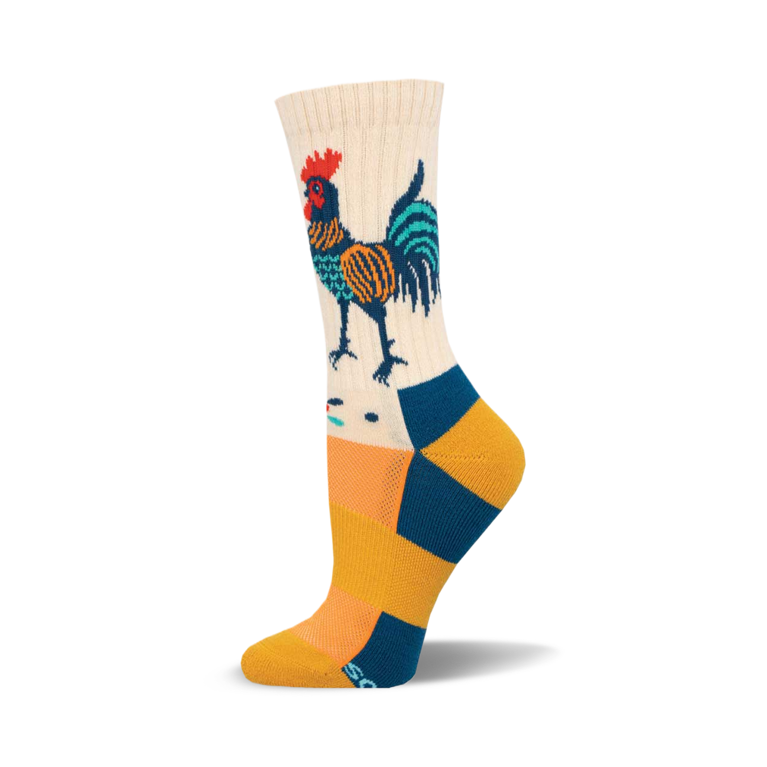 Cream crew socks with a folk art-style rooster in teal, orange, and navy.  The foot features teal and gold stripes.
