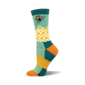 Crew socks in teal, gold, and green.  Feature a honeycomb pattern and a cute bee illustration.