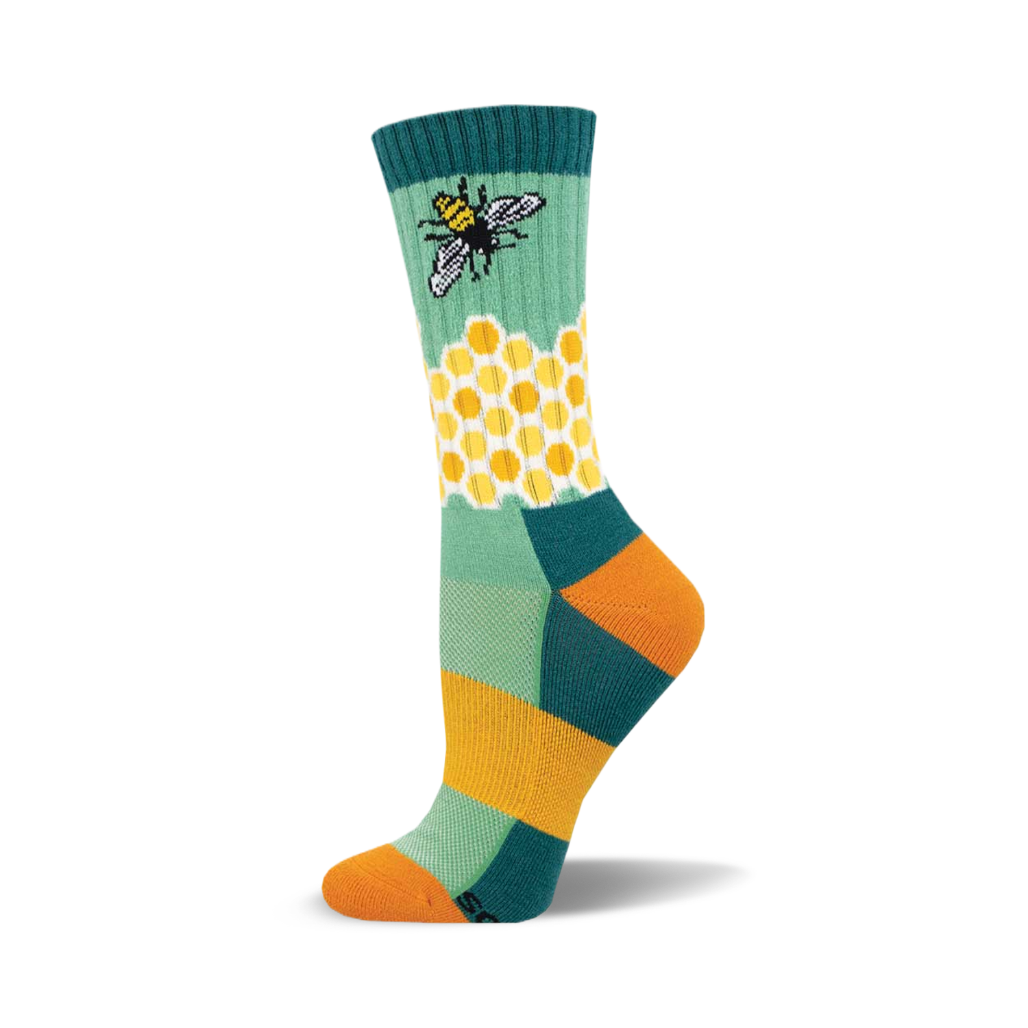 Crew socks in teal, gold, and green.  Feature a honeycomb pattern and a cute bee illustration.