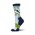 A side view of a crew sock in light blue, navy, and green. It features a chickadee bird on a branch among leaves.