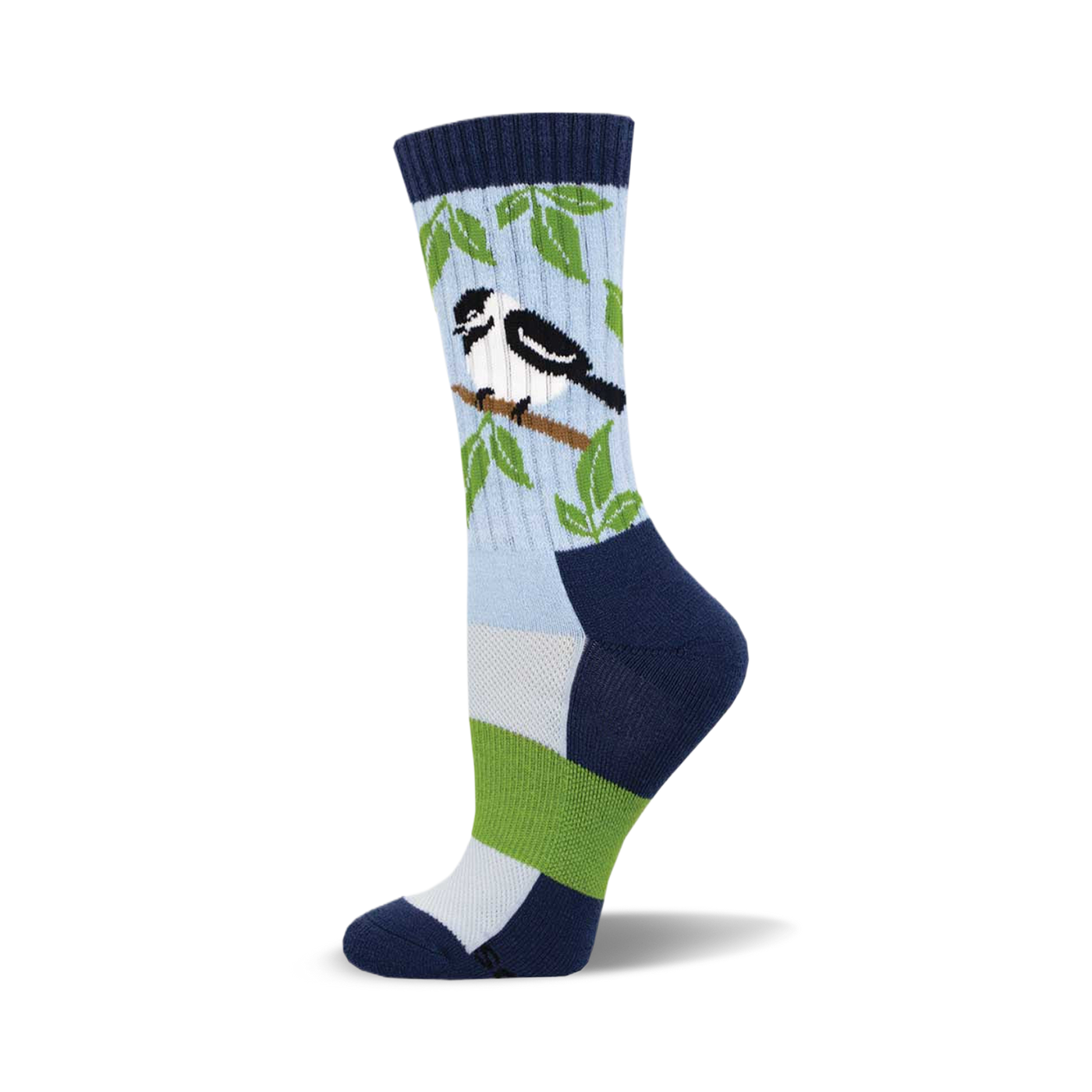 A side view of a crew sock in light blue, navy, and green. It features a chickadee bird on a branch among leaves.