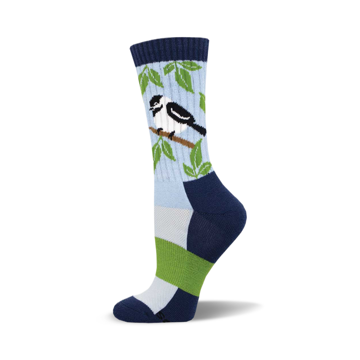 A side view of a crew sock in light blue, navy, and green. It features a chickadee bird on a branch among leaves.