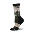 Crew socks in beige, olive green, and black.  The design includes a mountain range graphic and the text 'Get Lost In Nature and You Will Die'.