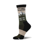 Crew socks in beige, olive green, and black.  The design includes a mountain range graphic and the text 'Get Lost In Nature and You Will Die'.