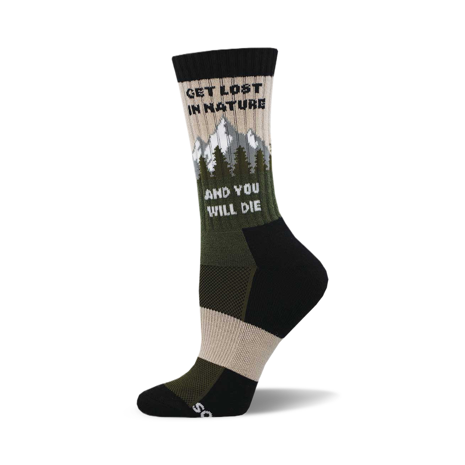 Crew socks in beige, olive green, and black.  The design includes a mountain range graphic and the text 'Get Lost In Nature and You Will Die'.
