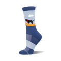 Crew socks in blue and light blue with a black dog in a yellow canoe design.  Comfortable and stylish!