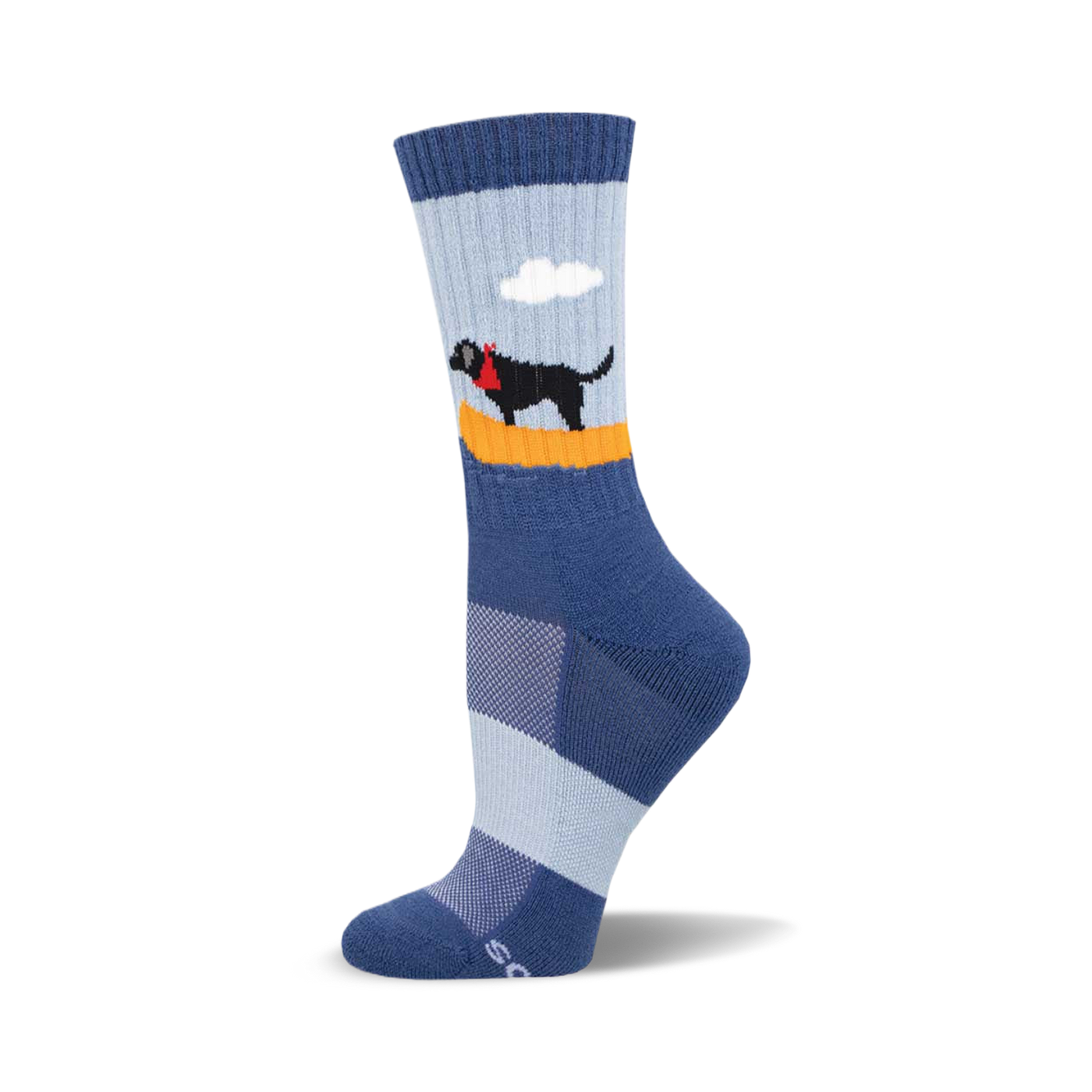 Crew socks in blue and light blue with a black dog in a yellow canoe design.  Comfortable and stylish!