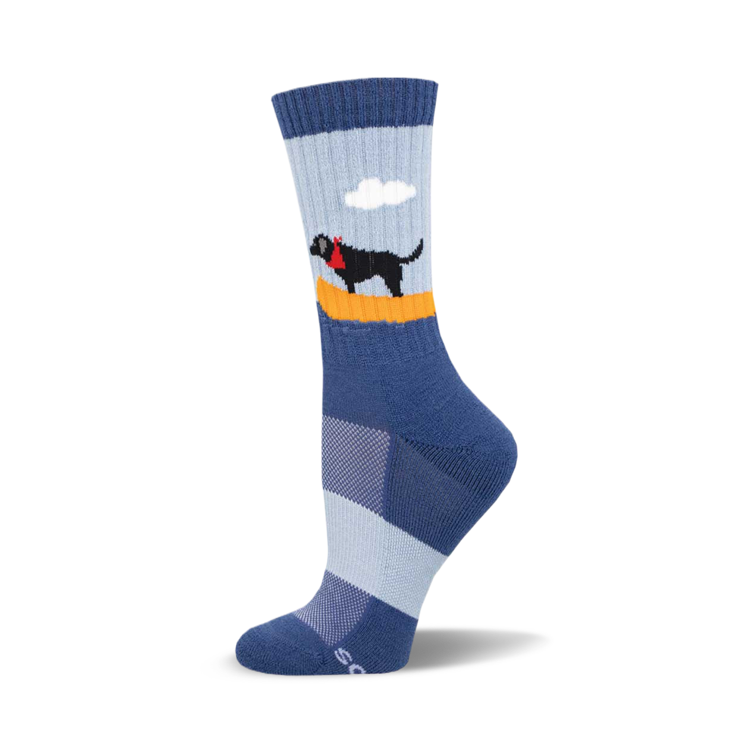 Crew socks in blue and light blue with a black dog in a yellow canoe design.  Comfortable and stylish!
