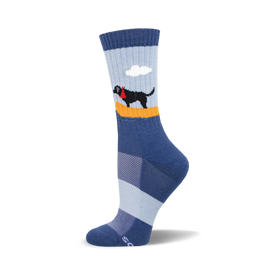 socks that are blue with a black dog wearing a red bandana around its neck. the dog is standing on a surfboard with a single white cloud above it. the surfboard is yellow and has orange stripes on the top and bottom.