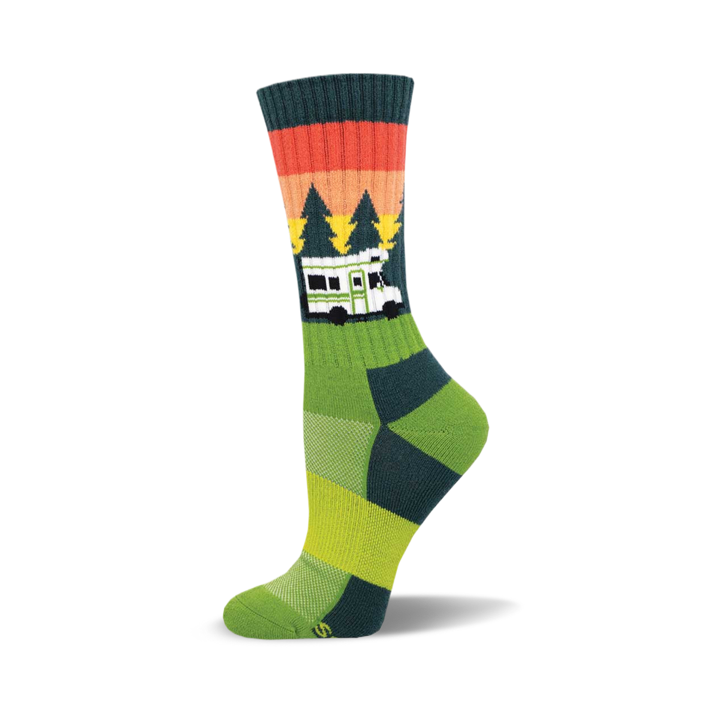 Crew socks in green, teal, and orange, featuring a retro camper van design against a sunset graphic with pine trees.