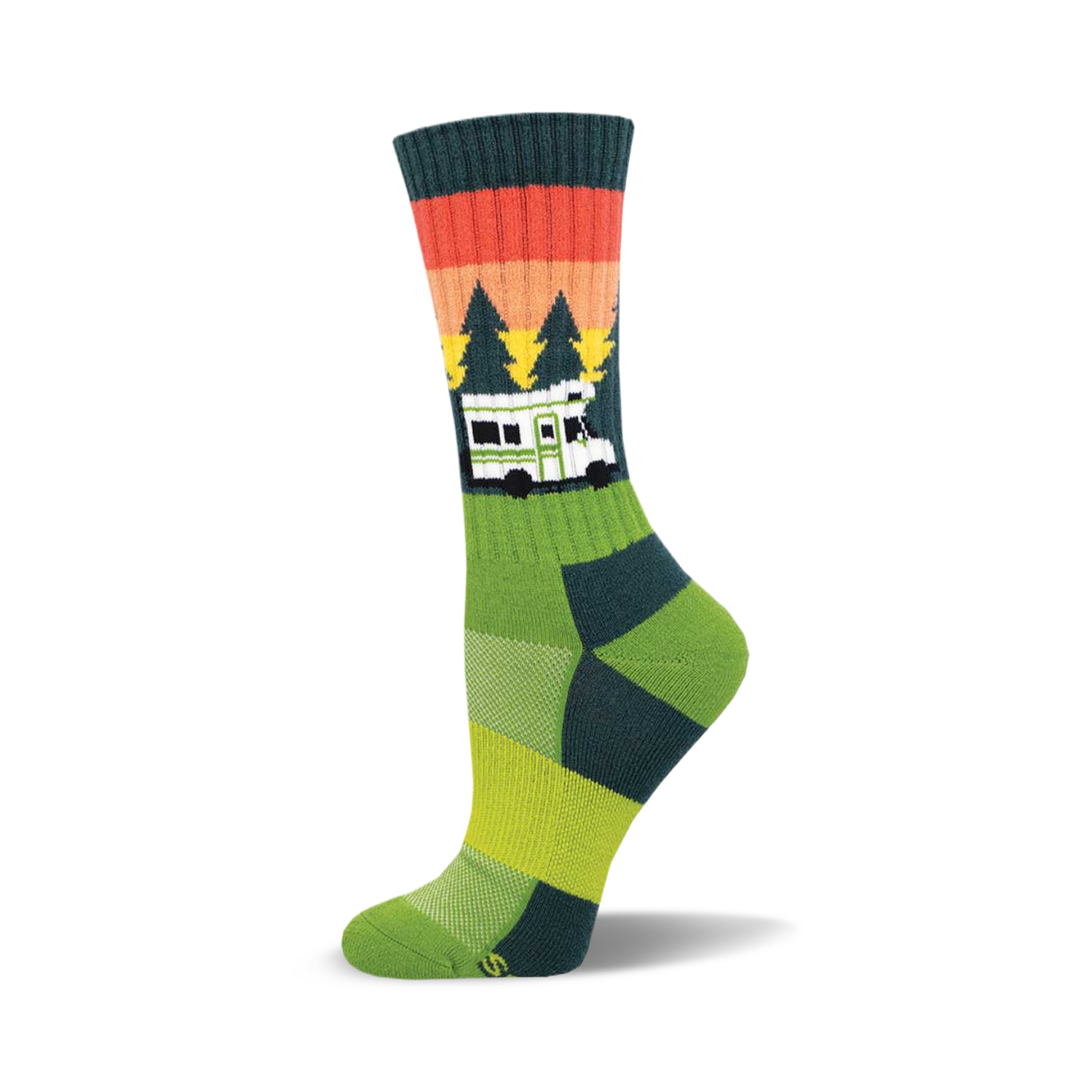 Crew socks in green, teal, and orange, featuring a retro camper van design against a sunset graphic with pine trees.