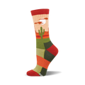 Crew socks in orange, green, and beige, with a desert landscape including a cactus and moon graphic.