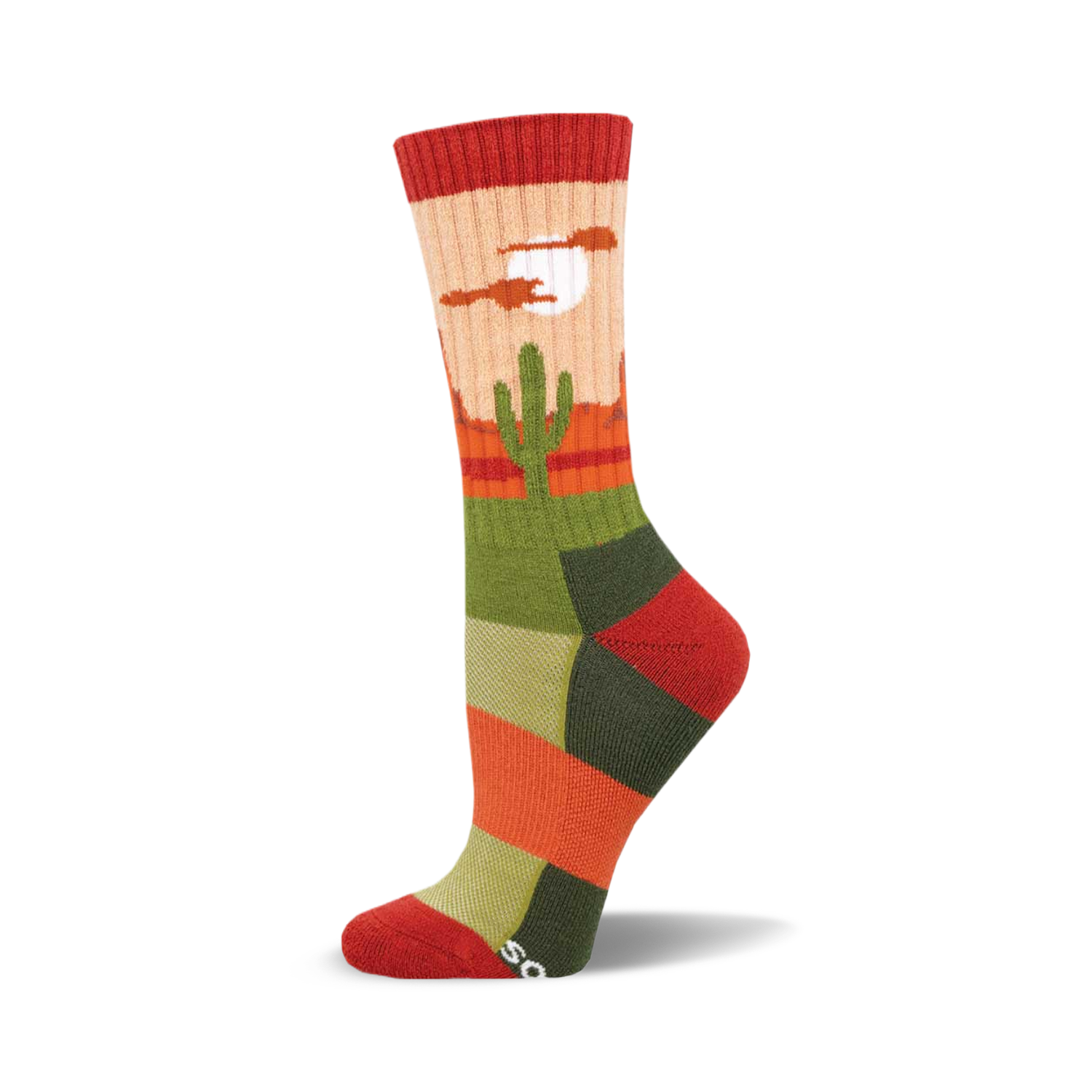 Crew socks in orange, green, and beige, with a desert landscape including a cactus and moon graphic.