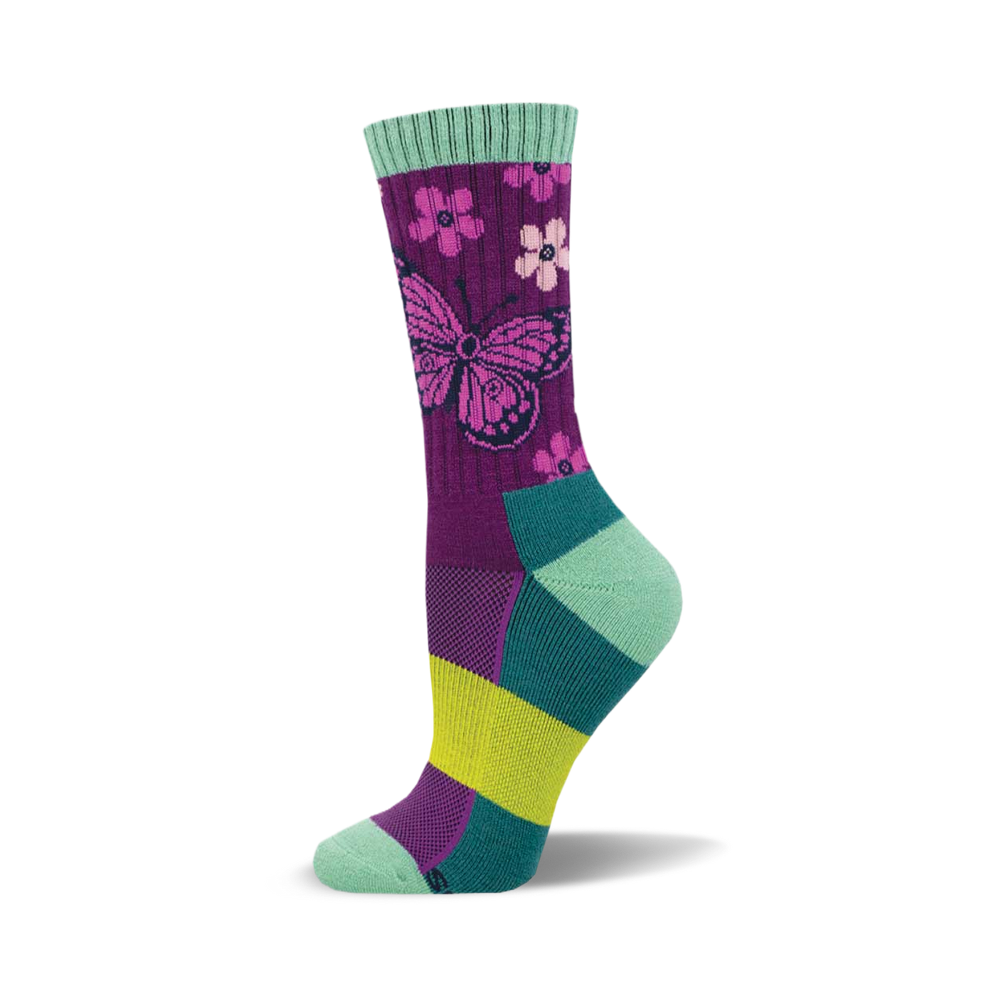 Crew socks in purple, teal, and lime green.  The main design is a pink butterfly and small flowers on a purple background.