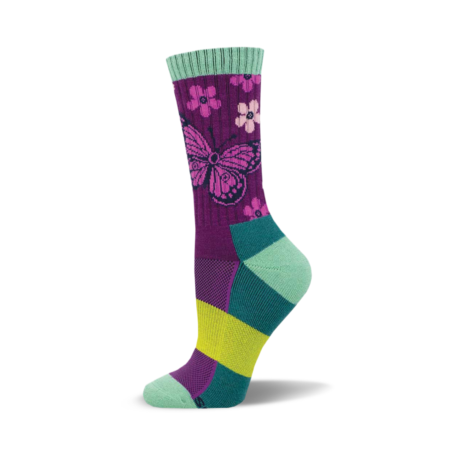 Crew socks in purple, teal, and lime green.  The main design is a pink butterfly and small flowers on a purple background.