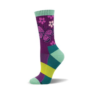 Crew socks in purple, teal, and lime green.  The main design is a pink butterfly and small flowers on a purple background.