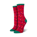 Pair of crew socks, red and green, featuring a whimsical pattern of colorful Christmas lights.
