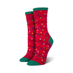Pair of crew socks, red and green, featuring a whimsical pattern of colorful Christmas lights.