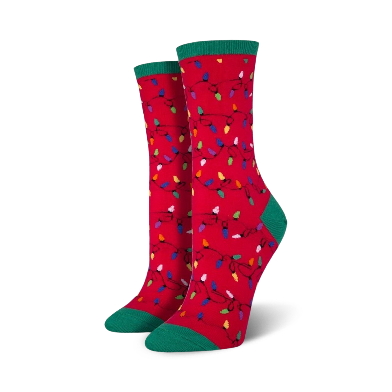 Pair of crew socks, red and green, featuring a whimsical pattern of colorful Christmas lights.