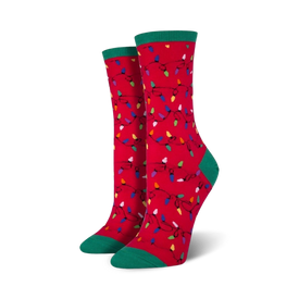 multicolored christmas lights adorn these festive red crew socks. green cuff with white line.  